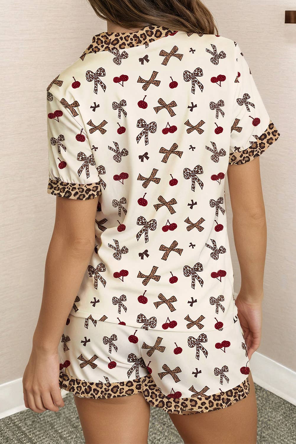 Bow Cherry Leopard Patchwork Shirt and Shorts Lounge Set