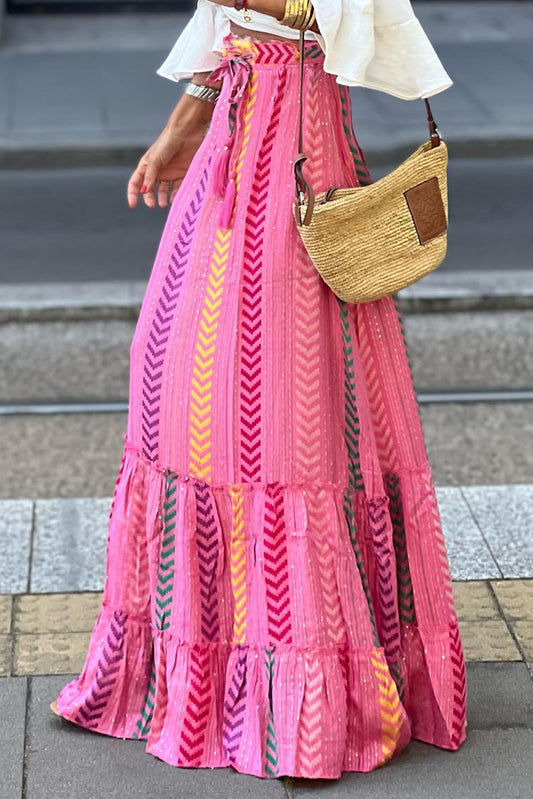 Pink Boho Printed Tasseled Maxi Skirt