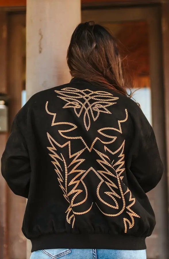 Black Suede Boot Stitching Embroidery Bomber Jacket